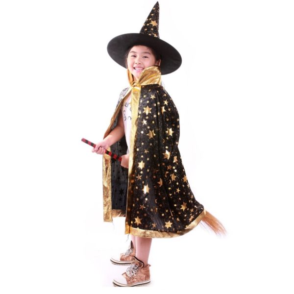 Children Halloween Costumes Witch Wizard Cloak Gown Robe and Hat Cap Stars Fancy Cosplay