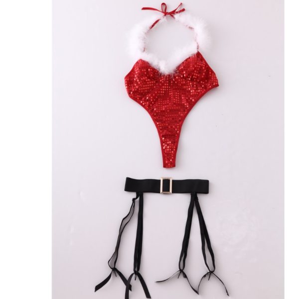 Christmas Lingerie Cosplay Red Sexy Pajama Sets Exotic Conjoined Lingerie with Sequined