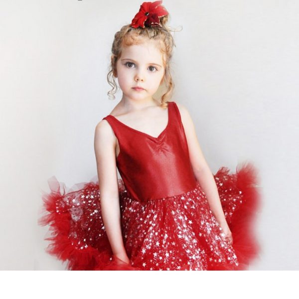 Christmas dress Beautiful pearlite layer with bling star lace mesh tutu ruffle girl new year party dress
