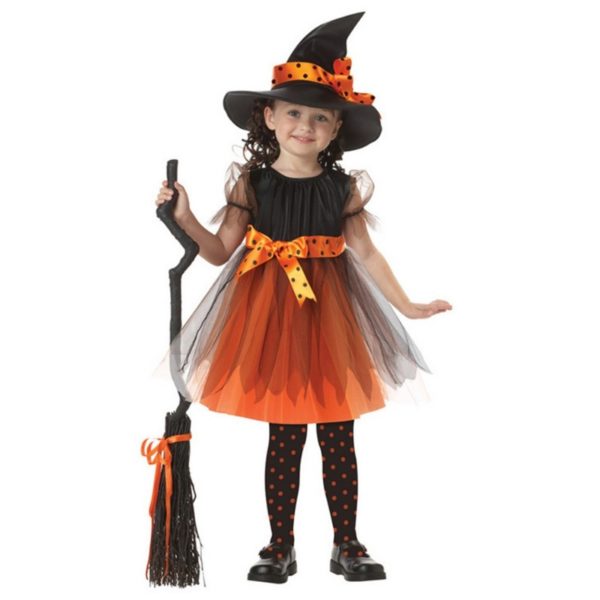 Girl Witch Dress + Hat Cap Princess Party Dresses Tutu Baby Kids Children Clothing Carnival Halloween Cosplay Costume