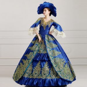 Gothic Victorian Evening Dresses Dark Blue Long Royal Court Palace Costume