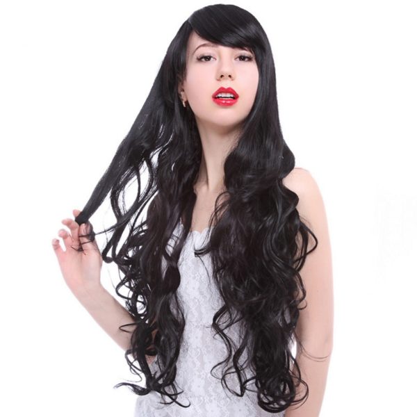 Lady 75cm Long Wavy Synthetic Hair Black Gothic Lolita Cosplay Wigs