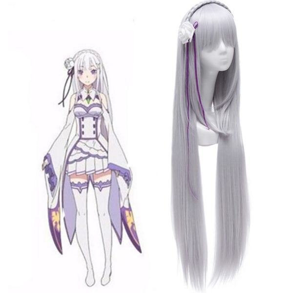 Life in a different world from zero Emilia Cosplay Wigs Long Silver Synthetic Hairs