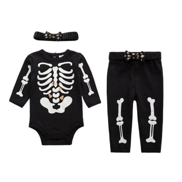 Night light cotton baby costume skull full sleeve romper with headband PP pants 3 pieces set newborn baby girl clothes