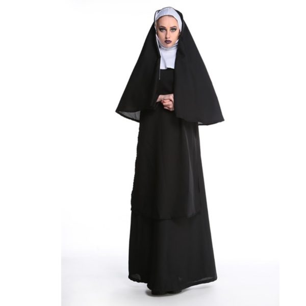 Sexy Nun Costume Adult Women Cosplay Dress With Black Hood For Halloween