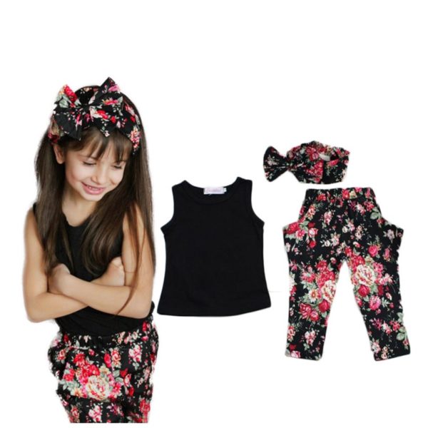 Summer style Girls Fashion floral casual suit children clothing set sleeveless outfit +headband new kids clothes set