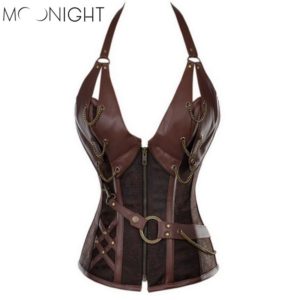Synthetic Leathe Brown Vintage Steampunk Corselet Tops Overbust Bustiers & Corsets Gothic Corset Steampunk For women