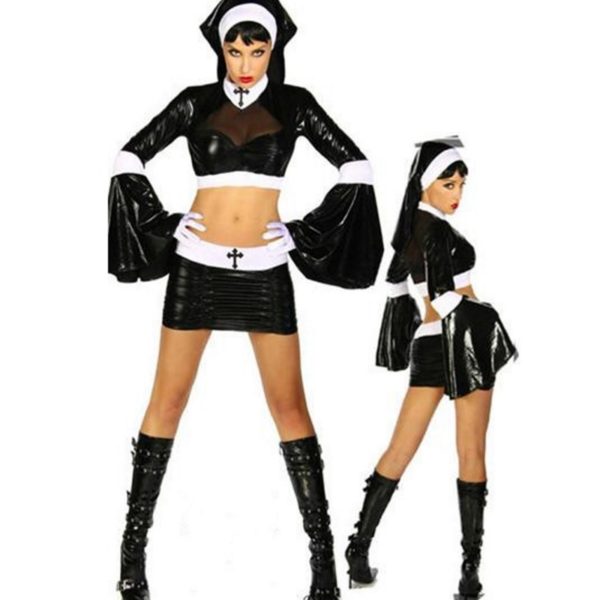 Virgin Mary Nuns Costumes for Women Sexy Faux Leather Black Nuns Costume Arabic Religion Monk Ghost Uniforms Halloween Costume