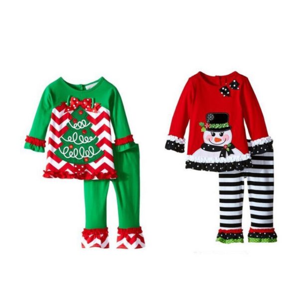 Winter New Years Outfit Kids Girls Fashion Christmas outfit Thanksgiving day suit santa tree cartoon pattern