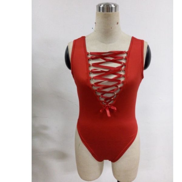 Women Bodysuit Plunge Deep V Neck Lace Up Tie Front Stretch Playsuit Leotard Jumpsuit