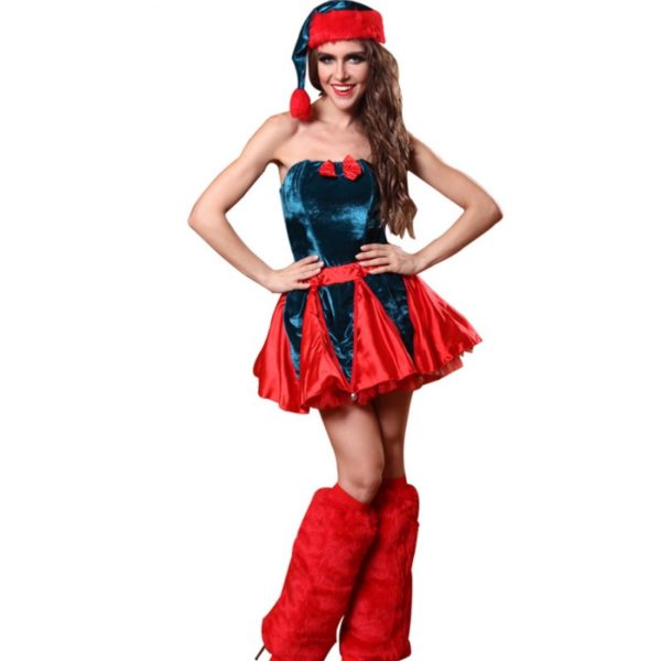 Women Christmas Halloween Costume Sleeveless Blue and Red Girl Elf Dress