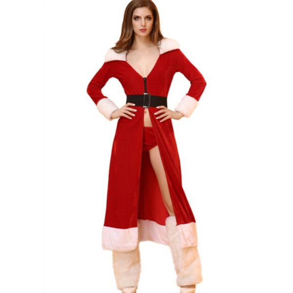 Women Christmas Long Dress Sexy Red Christmas Costumes Santa Claus for Adults Uniform Kimono Xmas Costume+G string+Legs