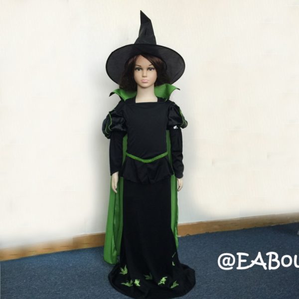 kids girls Green witch costumes sets girls halloween outfits include hat and dress