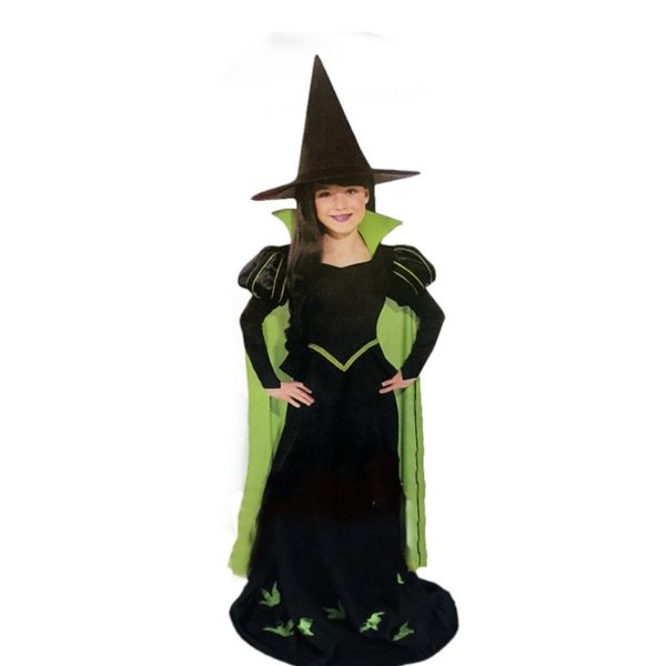 kids girls Green witch costumes sets girls halloween outfits include hat and dress