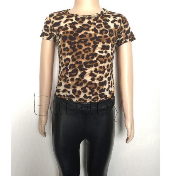 kids girls clothes set Leopard printed T-shirt PU skinny leather pants legging