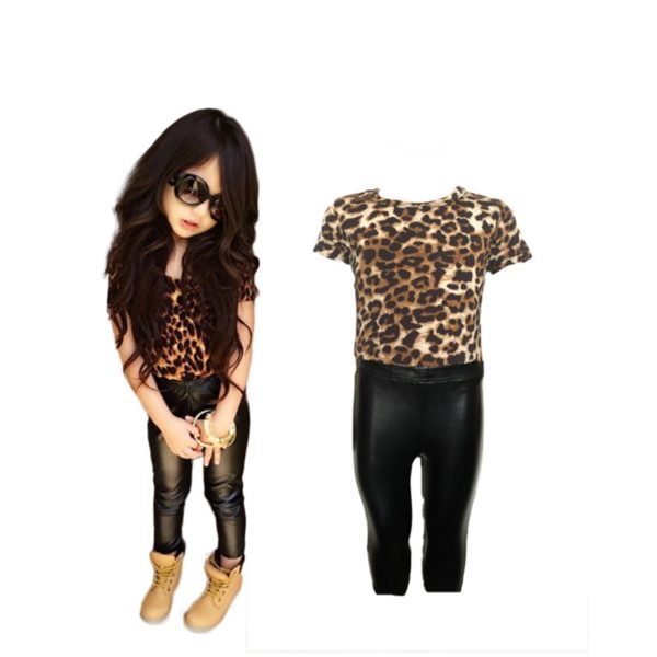 kids girls clothes set Leopard printed T-shirt PU skinny leather pants legging